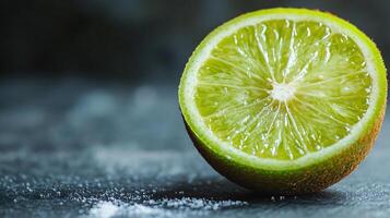 A lime wedge is cut in half and placed on a table photo