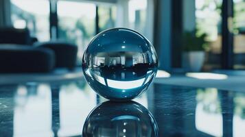A shiny, blue ball sits on a table in a room with a window photo