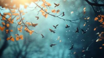 A flock of birds flying in the sky above a tree photo