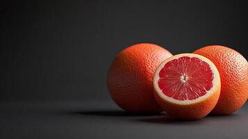 Three oranges are on a table, one of which is cut in half photo