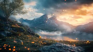 A mountain range with a tree in the foreground and a sky with clouds photo
