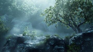 A forest scene with a tree in the foreground and a rocky area in the background photo