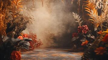 A forest scene with a path and a few flowers photo