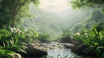 A lush green forest with a small stream running through it photo