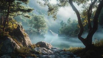 A forest scene with a river and a tree photo