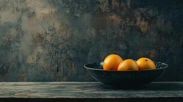 A bowl of oranges sits on a wooden table photo