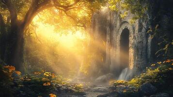 A forest with a large archway in the middle photo