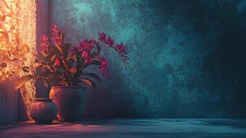 A vase with a purple flower in it sits on a table next to a wall photo