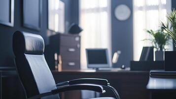 A black office chair sits in front of a desk with a computer and a clock photo