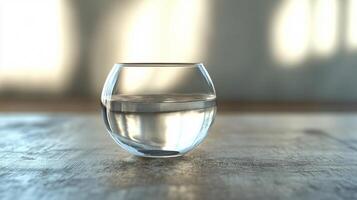 A clear glass bowl filled with water sits on a wooden table photo