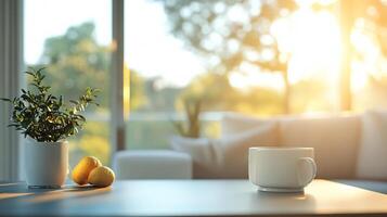 A white coffee cup sits on a table next to a potted plant and a bowl of fruit photo