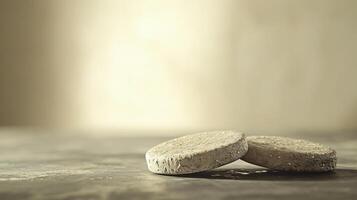 Two round objects are placed on a table photo