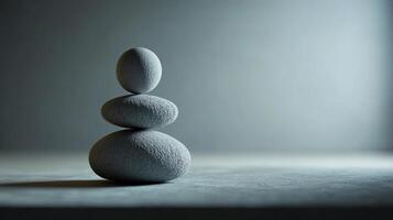 A stack of three rocks on a grey surface photo