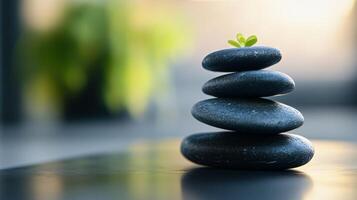 A stack of black stones with a green leaf on top photo