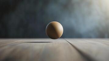 A small, round object is floating in the air above a wooden surface photo