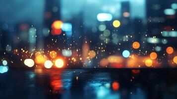 A city skyline with a blurry background and a lot of lights photo