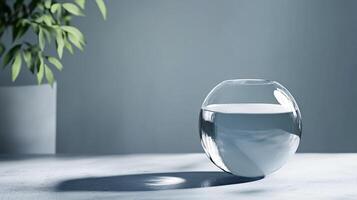 A clear glass vase filled with water sits on a table photo