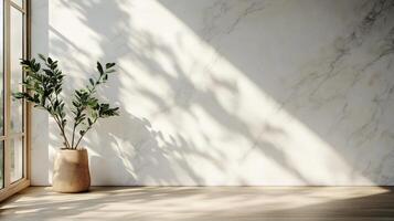 A potted plant sits in front of a window, casting a shadow on the wall photo