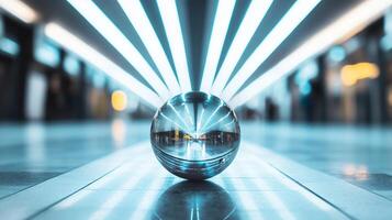 A shiny, reflective ball is sitting on a shiny, reflective floor photo