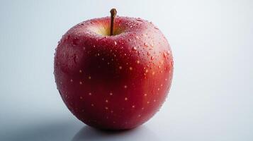 A red apple with a stem is sitting on a white surface photo