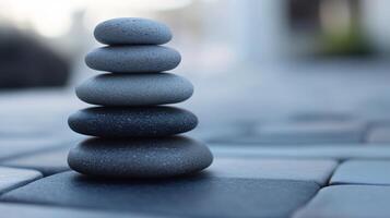 A stack of five gray rocks on a gray tile floor photo