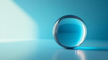 A clear glass sphere sits on a blue surface photo