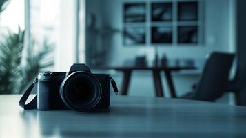 A camera is sitting on a table in a room photo