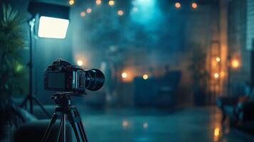 A camera is set up in a dark room with a spotlight on it photo