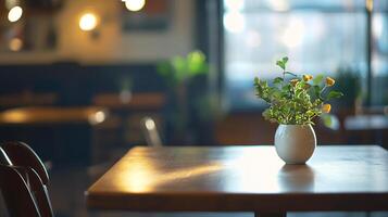 A table with a vase of flowers on it photo