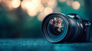 A camera lens is shown with a blurry background photo