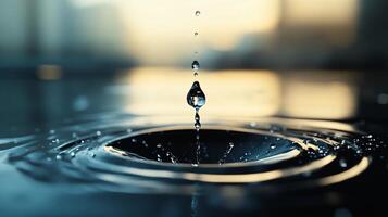 A drop of water falls into a body of water, creating a ripple effect photo