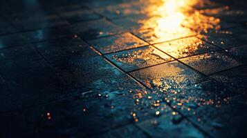 A wet sidewalk with a reflection of the street lights photo
