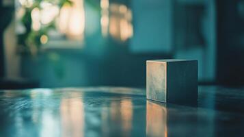 A cube is sitting on a table in front of a window photo