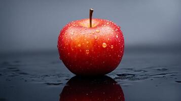 A red apple is sitting on a table with water droplets on it photo