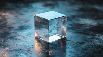 A cube made of ice is sitting on a dark surface photo