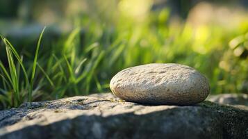 A small rock sits on a grassy hillside photo