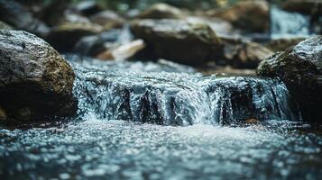 A small stream of water flows between two large rocks photo