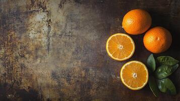 A close up of two oranges and a leaf on a table photo