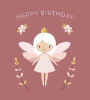Happy birthday card with a cute fairy. Gentle minimalistic birthday template, greeting card, invitation vector