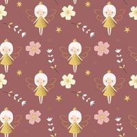 Seamless pattern with cute fairies in golden dresses and flowers. Fairy tale background. Cartoon patterns. vector
