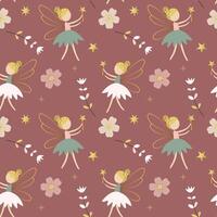Seamless pattern with cute fairies and flowers. Fairy tale springtime background. Cartoon patterns. vector