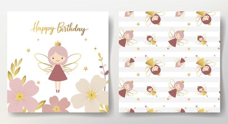 Happy birthday card and seamless pattern with cute fairies, flowers, shining golden stars. Gentle childish backgrounds