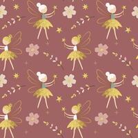 Seamless pattern with cute golden fairies and flowers. Fairy tale springtime background. Cartoon patterns. vector