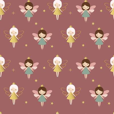 Seamless pattern with cute fairies and shining golden stars. Gentle childish background