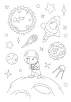 Coloring page with capybara astronaut, rocket, moon, and stars. template for children coloring book, print and poster. vector