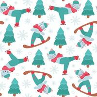 Winter seamless pattern with cute cat on snowboard and skates. illustration of winter sports for fabric, wrapping paper and other backgrounds. vector