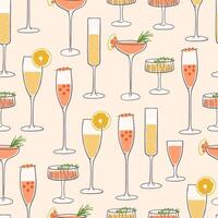 Hand drawn different types of cocktails seamless pattern. Festive drinks on light pink background. Design for bar menu, New Year party, textile, wrapping paper vector