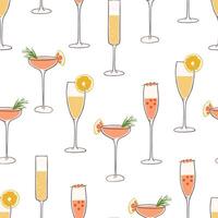 Hand drawn different cocktails seamless pattern. Festive drinks on white background. Design for bar menu, New Year party, textile, wrapping paper vector