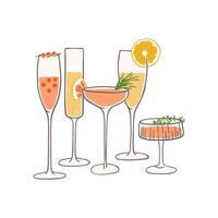 Hand drawn different cocktails composition. Festive drinks set. Design for bar menu, New Year party, stickers or alcohol cook book recipe vector