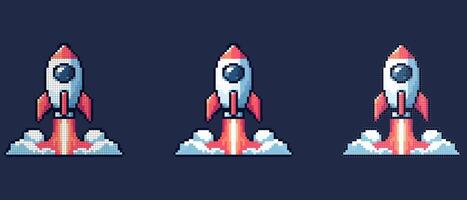 Pixel art of a rocket ship launching into the sky white with red accents and circular window solid dark blue background vector